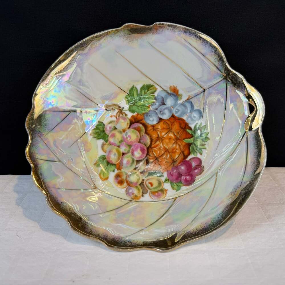 Iridescent Porcelain Fruit Serving Bowl Scalloped Gold Rim, 7 in Round